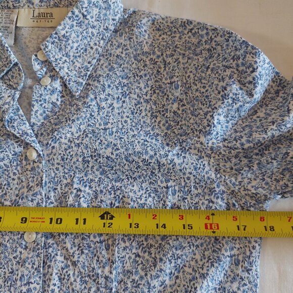 Laura Petite Blue Flower Print Button Down Stretchy 3/4 Sleeve Shirts(Gils M) - Picture 7 of 8